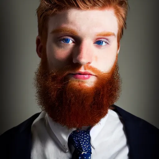 Prompt: Blue eyed ginger 23 year old man with stubble, corporate portait, headshot, profile