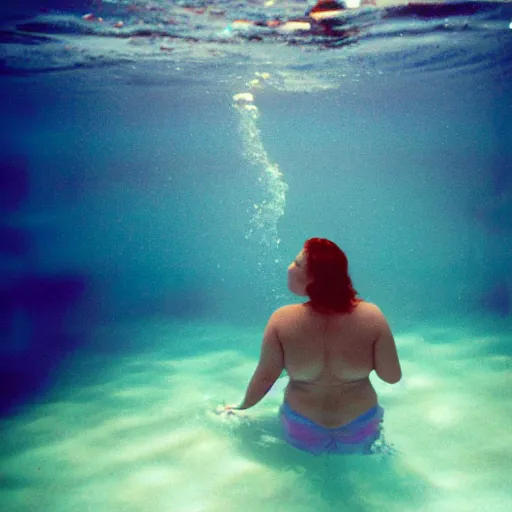 Image similar to colored photography, close-up from behind big chested woman swimming in under ocean at night, blue light, 35mm film,