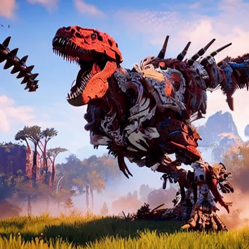 Prompt: gameplay of horizon zero dawn, mech tyrannosaurus rex, highly detailed