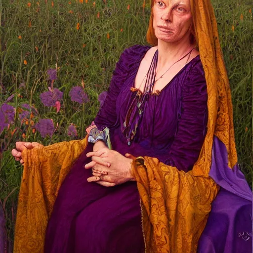 Prompt: portrait of a witch, wearing purple clothes with gold embroidery, by donato giancola, alex ross, and berthold woltze.