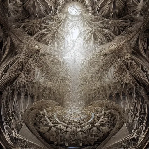 Image similar to a hyperrealistic 3 d render of a huge sprawling fractal cathedral interior populated by mandelbrot fractals by android jones, unreal engine, carved soap, white color scheme, volumetric lighting, octane render, dramatic lighting, glowing, carved marble, opalescent, carved wood, sacred geometry, religious, angelic, catholicpunk, stark, 8 k, ultra detailed