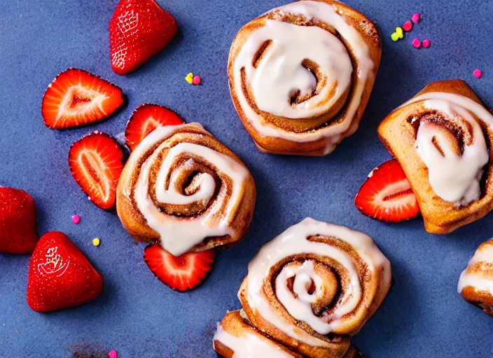 Prompt: sugary hot cinnamon rolls with extra glaze, strawberries, sprinkles, and dollar bills, professional food photography, studio lighting, plating