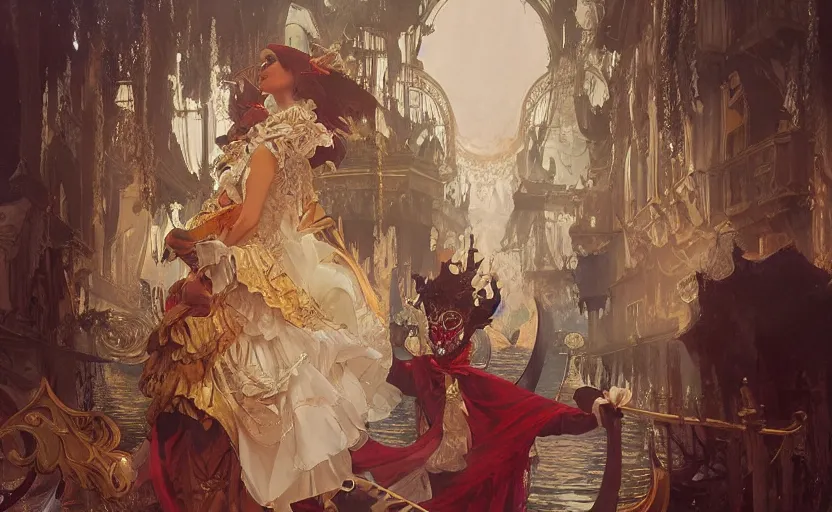 Prompt: the enchanted venice carnival dream with dancing masked people, behance hd artstation, by artgerm, greg rutkowski, alphonse mucha