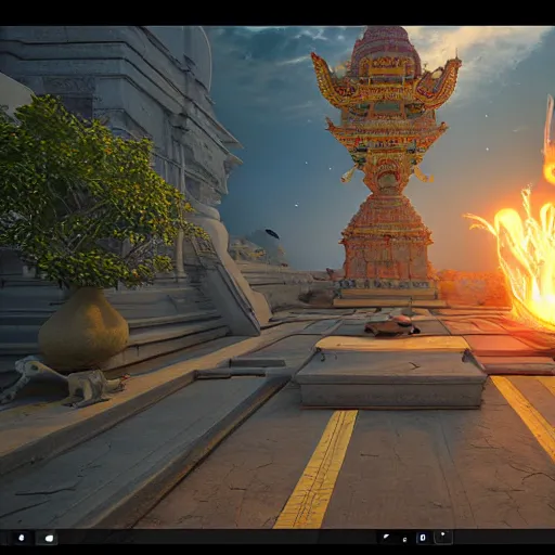 Prompt: vishnu descending from an ufo over a temple in india during the night, cinematic, unreal engine 5