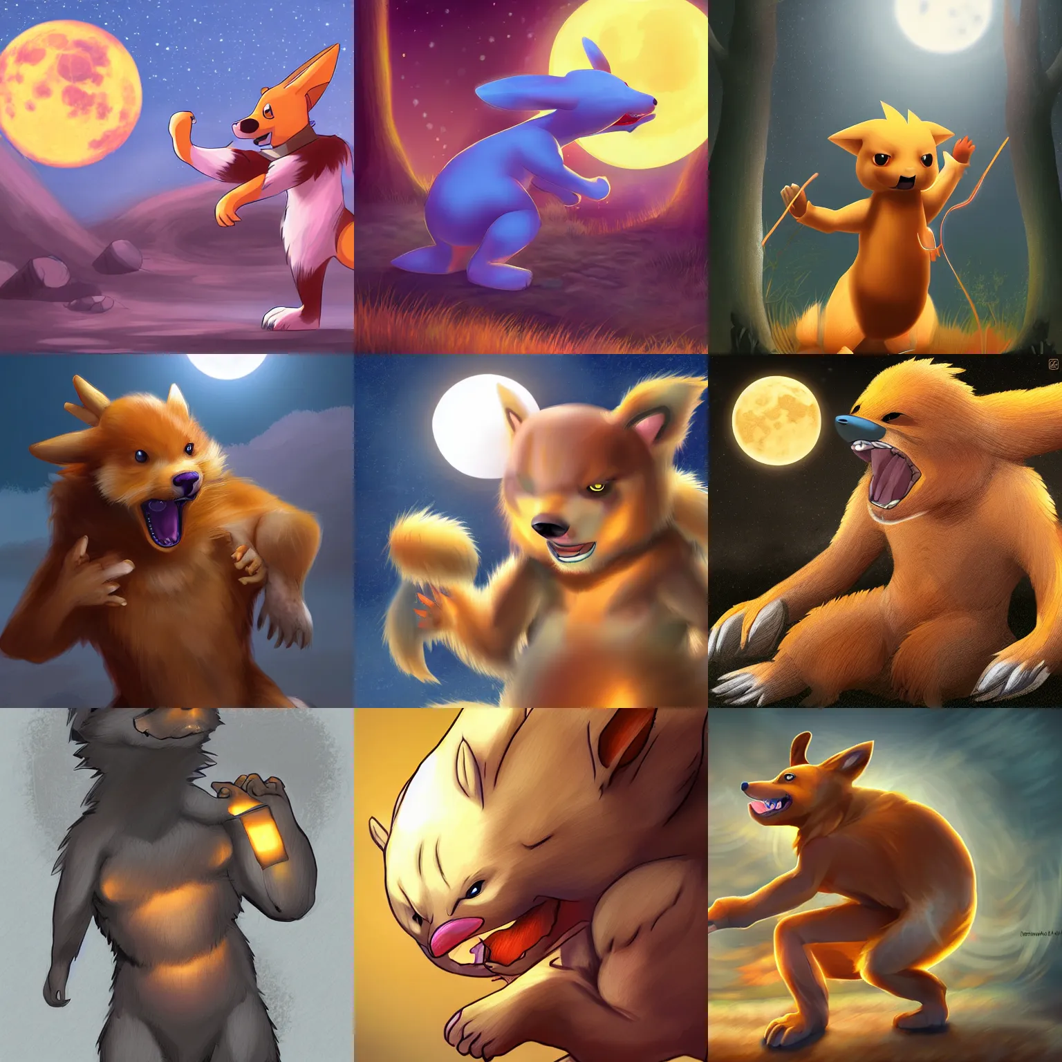 Prompt: man transforming into a buizel during a full moon, digital art, d & d, very detailed, fur, pokemon, anime, 4 k hd