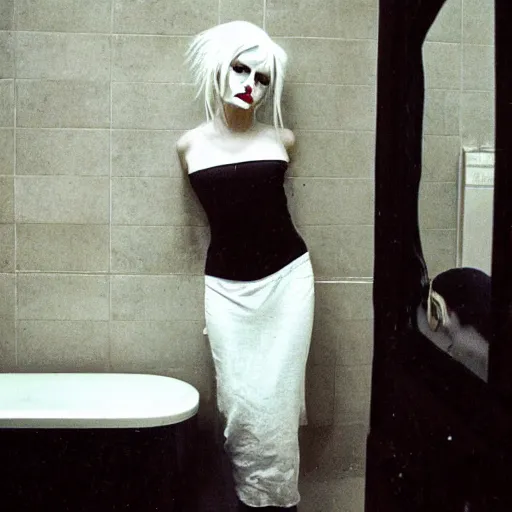 Image similar to a 2 0 y. o. girl with white hair and makeup in a bathroom, an album cover by nan goldin, tumblr, international gothic, goth, antichrist, gothic