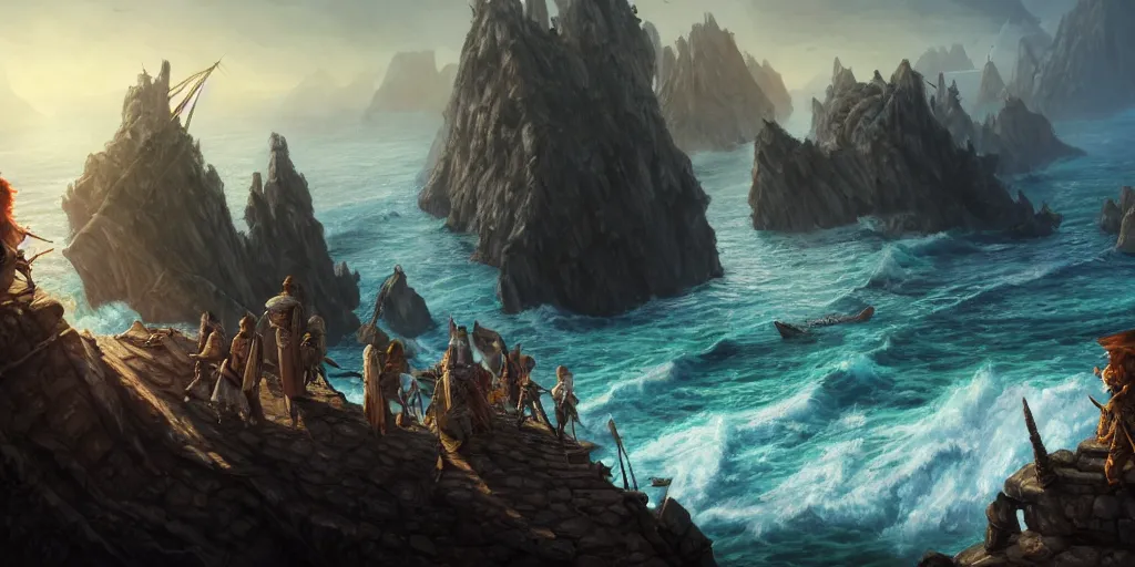 Image similar to D&D adventuring party facing away on cliff overlooking realistic shipwreck, naval background, portrait, magic the gathering artwork, D&D, fantasy, cinematic lighting, centered, symmetrical, highly detailed, digital painting, artstation, concept art, smooth, sharp focus, illustration, volumetric lighting, epic Composition, 8k, art by Akihiko Yoshida and Greg Rutkowski and Craig Mullins, oil painting, cgsociety