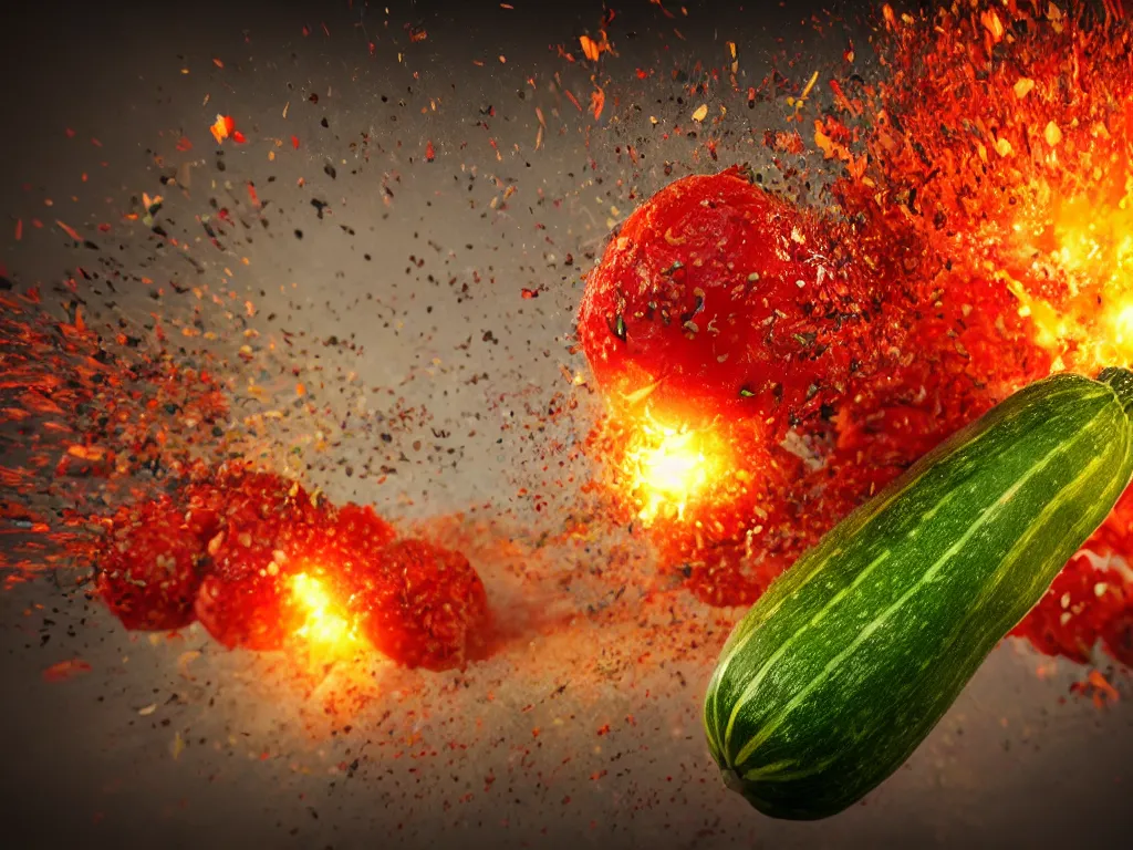 Prompt: highly detailed 3 d render of a raging zucchini character, burning scissors, running down a dirt road, scared tomates scattered everywhere, high speed action, explosions, dramatic scene, hyper realistic octane render, cinematic lighting, tomato splatter, deviantart, black sky, lowbrow, surrealism, pixar influenced, mayhem