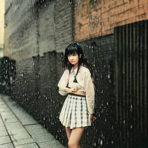 Image similar to 1990s perfect 8K HD professional cinematic photo of close-up japanese schoolgirl posing in sci-fi dystopian alleyway at morning during rain, at instagram, Behance, Adobe Lightroom, with instagram filters, depth of field, taken with polaroid kodak portra