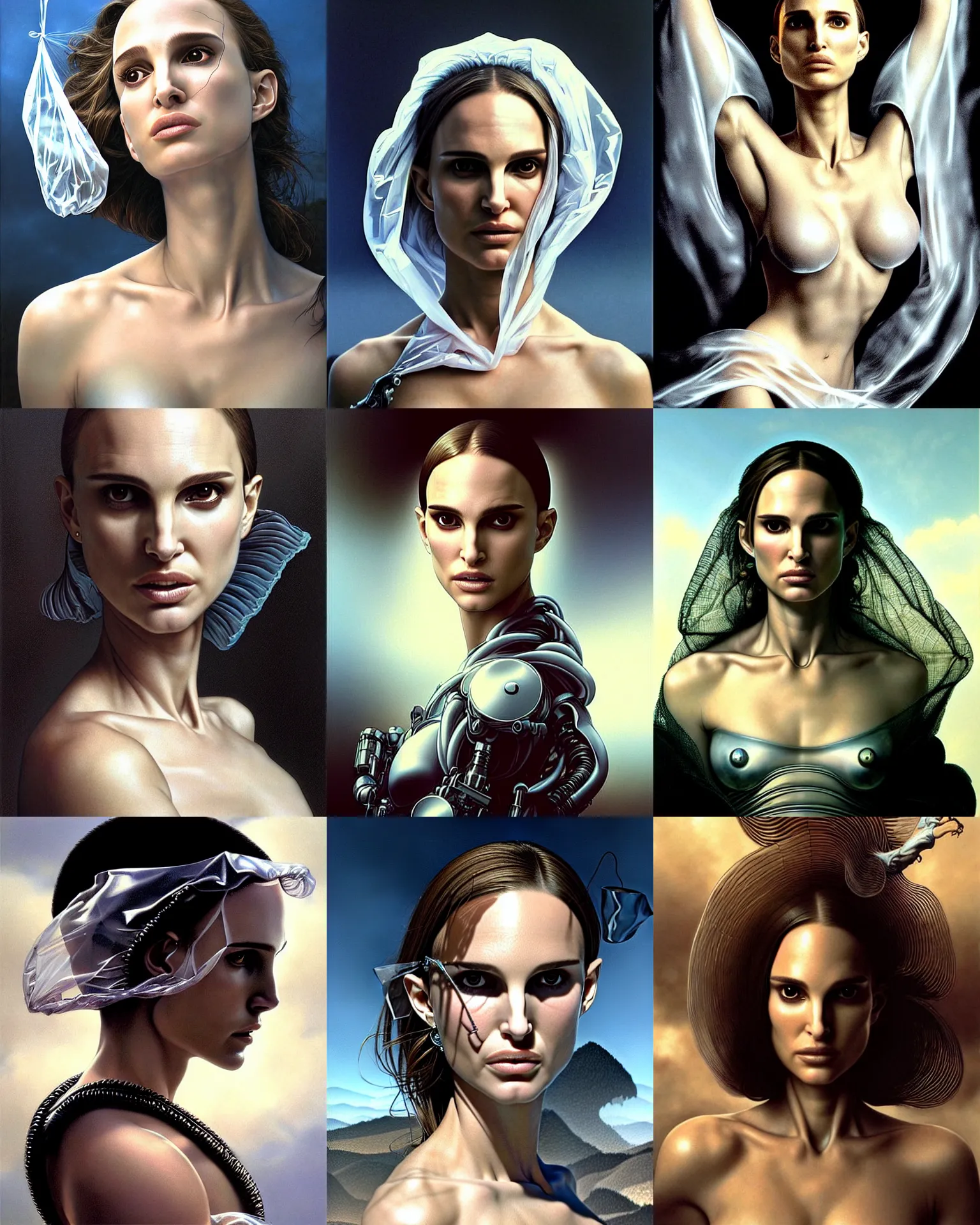 Prompt: transparent plastic bag floating in the wind, fantasy characture portrait, natalie portman, ultra realistic, cinematic, cinematic, wide angle, intricate details, cyborg, highly detailed by caravaggio, aaron horkey, boris vallejo, wayne barlowe, craig mullins, roberto ferri,