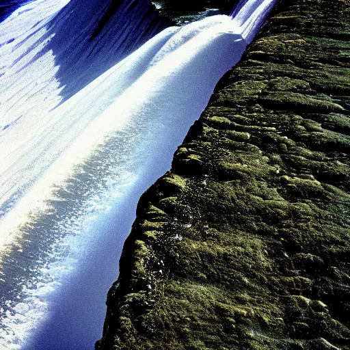 Image similar to the edge of the flat earth, national geographic photograph, water falling into nothing, mountains
