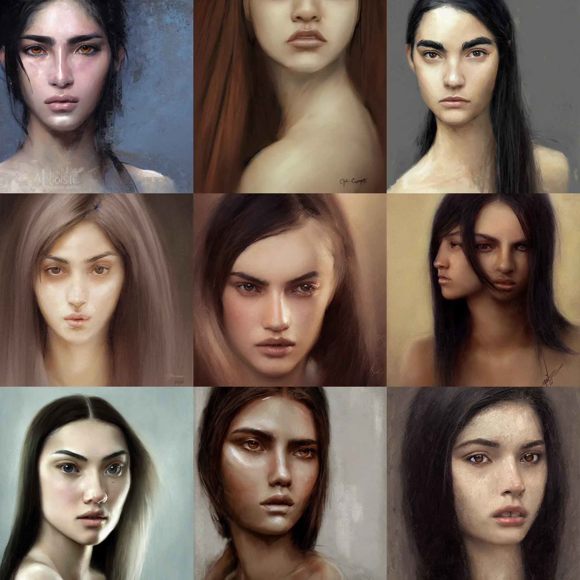 Prompt: digital art portrait painting of a 2 0 years old white skin young latino woman, long free black straight hair, thick eyebrows, very small eyes, small straight nose, strong defined jaw, brown eyes, painted by craig mullins and gaston bussiere and greg rutkowski, symmetrical facial features, symmetrical face, defined facial features, beautiful face, dramatic lighting