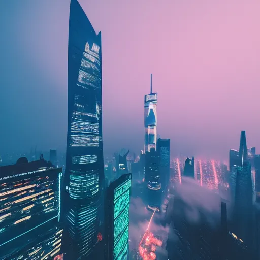 Image similar to cyberpunk shanghai lujiazui in the night seen from below, cityscape, mist, rain, artstation, 8 k