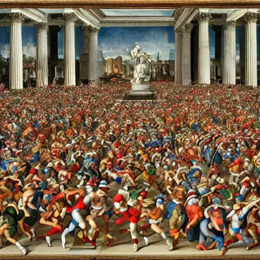 Prompt: a photo of where's wally, by michaelangelo