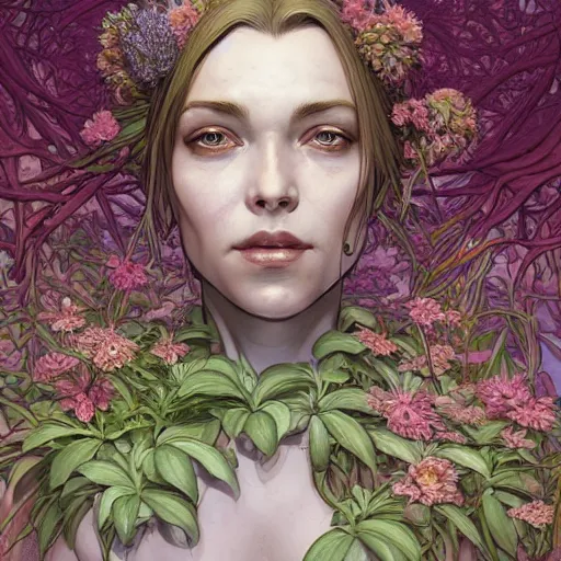 Image similar to a beautiful detailed front view portrait of a rotten woman corpse with plants and fractal flowers growing around, artgerm, joshua middleton comic cover art,