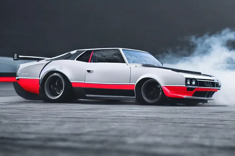 Image similar to audi camaro b 1 ( 1 9 6 9 ) drifting, need for speed : carbon, neon lines, ultra phonk, phonk music background, smoke behind wheels, noise, dark, establishing shot