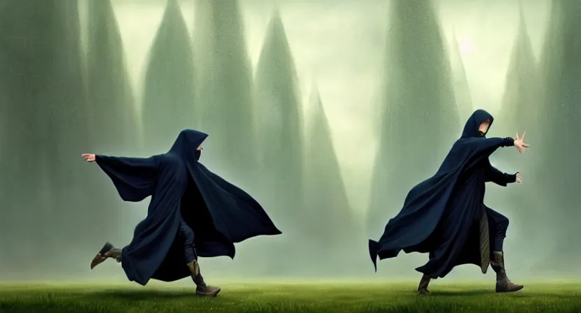 Image similar to handsome mage running away from a giant, long black hair wearing square hooded gothic navy cloak with gold details, green plants, movie action still frame, ultra wide horizon, intricate, elegant, highly detailed, hyperrealism, digital painting, concept art, smooth, sharp, focus, illustration, art by artgerm, greg rutkowski, ilya kuvshinov