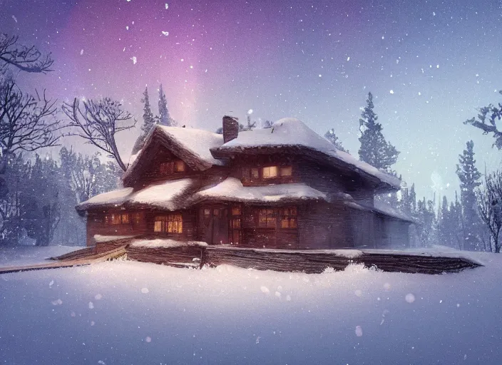 Image similar to snow - covered house, ( ( smoke from the stove ) ), night, stars in the sky, winter landscape, trees, aurora in the sky, painting by craig mullins, octane rendering, wide angle lens, in the style of hayao miyazaki, trending on artstation,