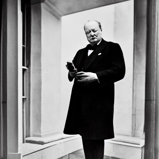 Image similar to A black and white photograph, circa 1940s, of Winston Churchill looking down at his smartphone