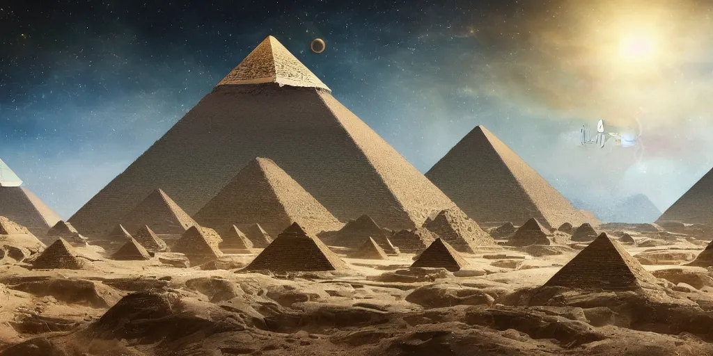 Image similar to beautiful painting of a landscape with alien pyramids with jewels and ornate gold decor by kim jakobsson, takato yamamoto, clement - auguste andrieux and santiago caruso trending on artstation sunshine rays cryengine behance hd 8 k 3 d 8 k resolution photoillustration ambient occlusion ancient egyptian hieroglyphs, stars with lasers