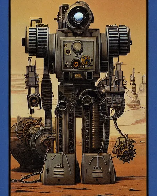 Prompt: steampunk robot, half body by ralph mcquarrie and frank lloyd frank lloyd and bruce pennington and ted nasmith