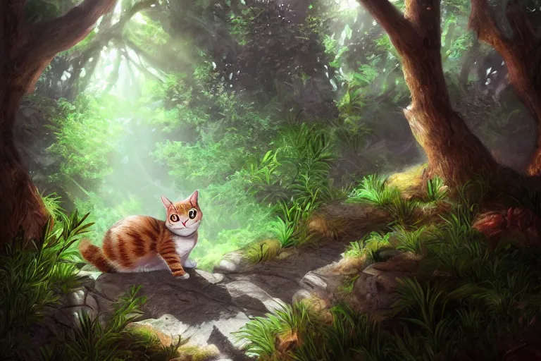 Image similar to a cat in a forest, highly detailed, digital art, trending on artstation, backlighting, by kawacy, by wayne mclouglin, by don bluth, fan art