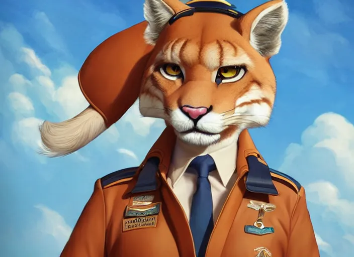 Image similar to character portrait feature of the anthro female anthropomorphic puma fursona wearing airline pilot outfit uniform professional pilot for delta airlines character design stylized by charlie bowater, ross tran, artgerm, and makoto shinkai, detailed, soft lighting, rendered in octane