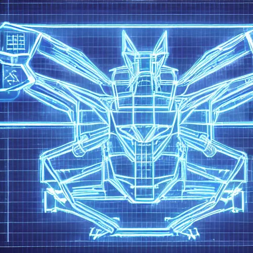 Image similar to <https://s.mj.run/Hy-XYluU-s8> A wireframe Mecha dragon, Holographic Projection, Grid, glowing neon, diagram schematic, measurements, hieroglyphics, octane rendered, 16k uhd