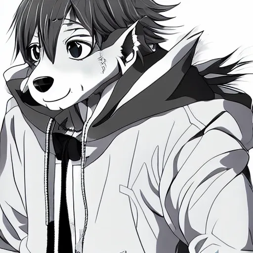 Image similar to key anime visual portrait of an anthropomorphic anthro wolf fursona, in a jacket, with handsome eyes, official anime art