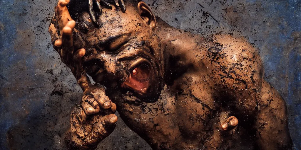 Image similar to highly detailed photography of a screaming black men made of rust clay, burned, rocks, hand gesture, dust particles, dirt, dramatic scene, aesthetic dynamic lighting, masterpiece, by roberto ferri, blue background, high quality, spatula