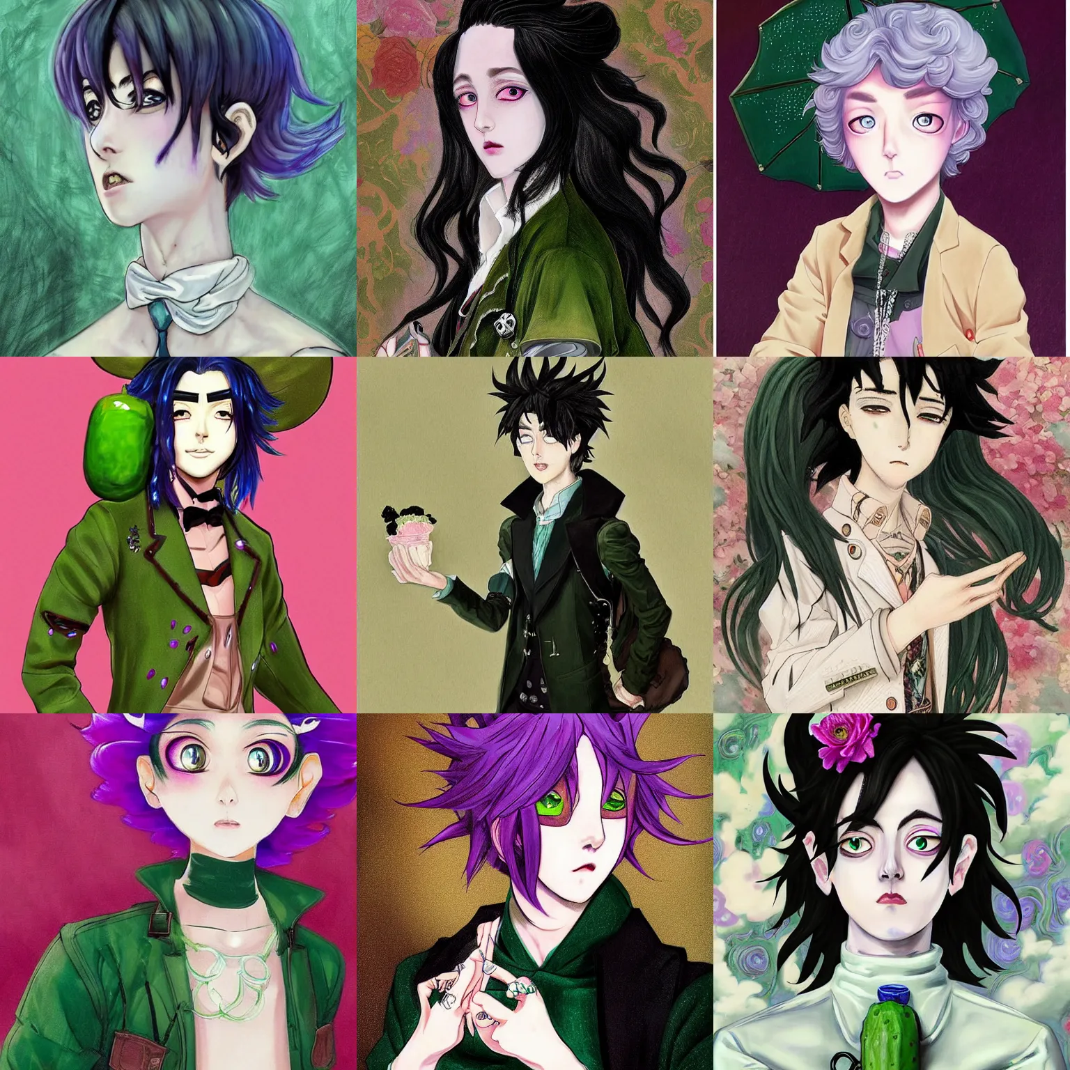 Prompt: Pickle Rick as a handsome bishounen, non-binary, androgynous, cool tousled hair, style is a blend of John singer Sargent paintings and Japanese shoujo manga, inspired by pastel goth, pre-raphaelite paintings, harajuku street fashion, photorealistic art, insanely beautiful and detailed illustration
