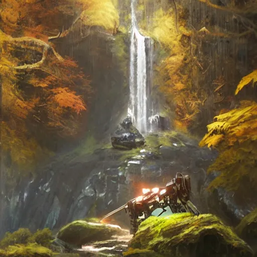 Prompt: Gigantic stone robot resting in front of a waterfall inside a forest, oil painting, by Greg Rutkowski