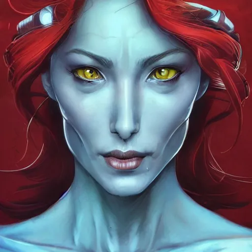 Image similar to portrait x-men Jean Grey as a cyborg with flowing beautiful red hair, art by pete mohrbacher and seb mckinnon and beksinski and josan gonzales, digital art, highly detailed, intricate, sci-fi, sharp focus, Trending on Artstation HQ, deviantart, unreal engine 5, 4K UHD image