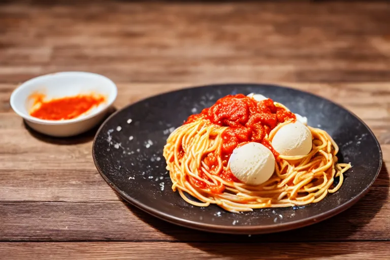 Prompt: macro shot of spaghetti with ice cream and banana and tomato sauce, on a wooden table, 8 3 9, natural light, cinematic lighting, 8 k, food photography