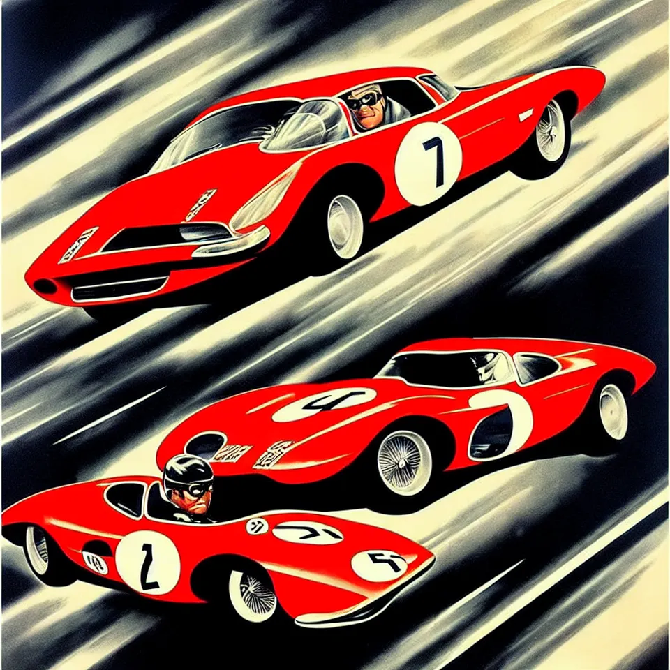 Image similar to a vintage car racing poster by alex ross