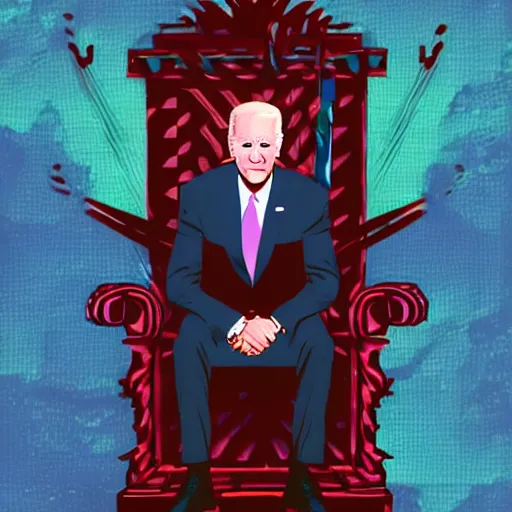 Prompt: joe biden sitting on a dark throne with red glowing eyes in vaporwave style by mad dog jones