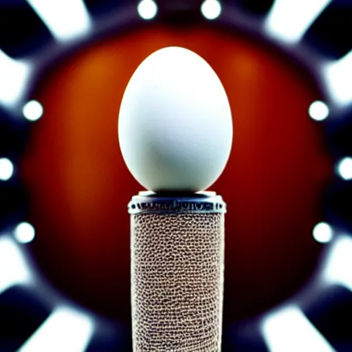 Prompt: an egg infront of a microphone