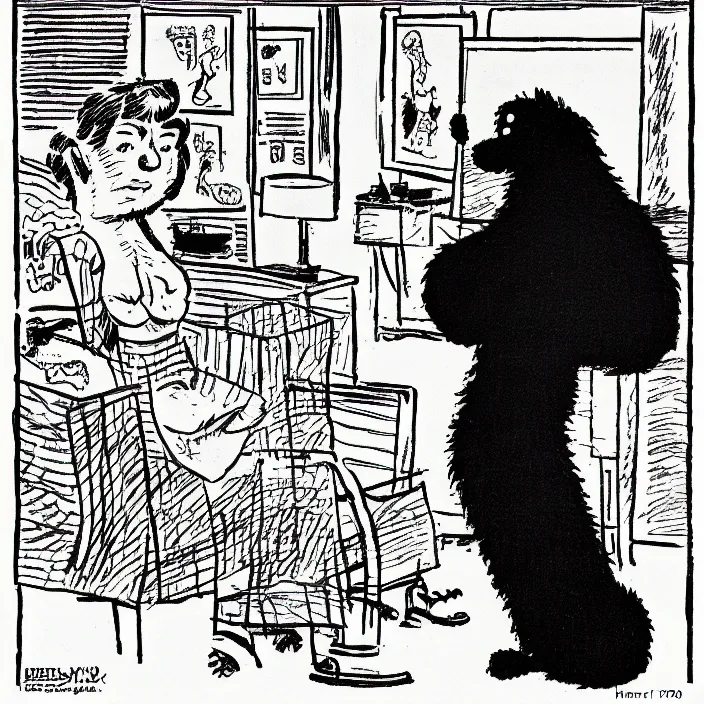 Image similar to a still frame from comic strip, person playing with a black hairy furry dog 1 9 5 0, herluf bidstrup, new yorker illustration, monochrome contrast bw, lineart, manga, tadanori yokoo, simplified,