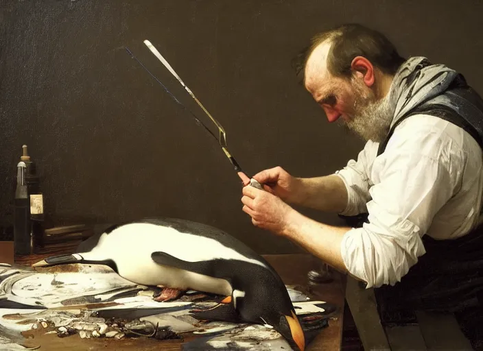 Image similar to an exhausted painter in his studio painting a picture of a penguin, by edgar maxence and caravaggio and michael whelan and delacroix style, artistic, intricate drawing, cinematic lighting, hyper realistic, extremely detailed, establishing shot, 8 k resolution, dramatic lighting