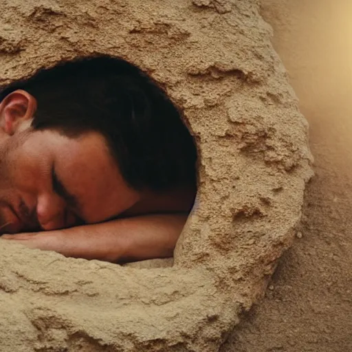 Prompt: close - up of a priest sleeping in a large clay pot, foggy, sun rays, cinematic shot, photo still from movie by ari aster