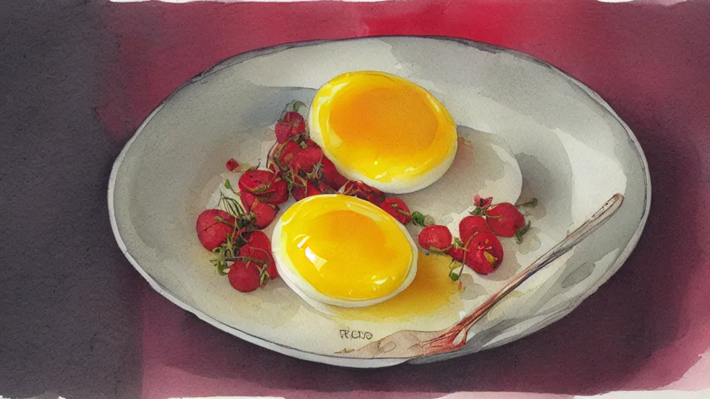 Prompt: delicious egg with soft yolk, kseniia yeromenko, rob duenas, watercolor, illustration, red background, highly detailed