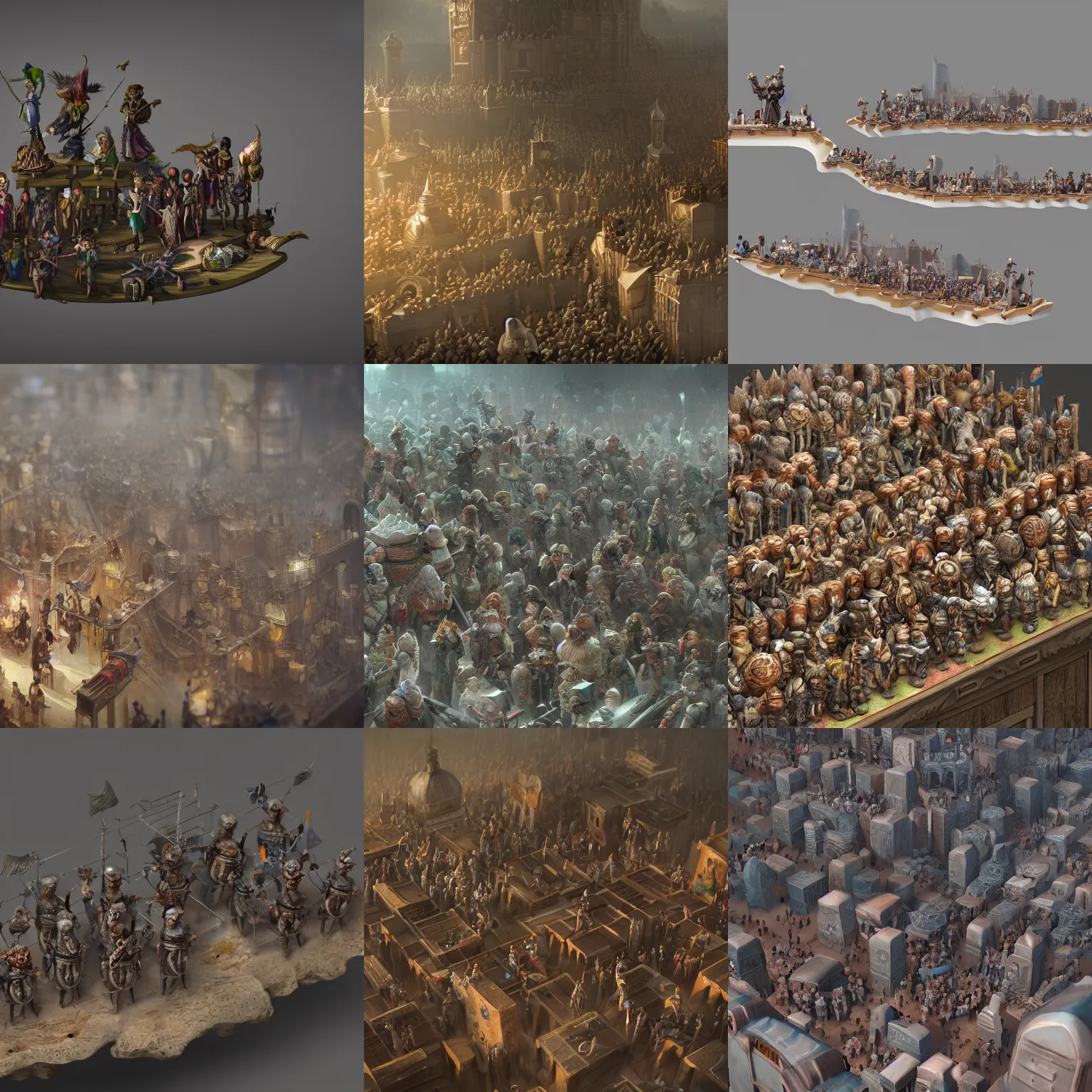 Prompt: miniature crowd on a shelf, matte painting, smooth, sharp focus, fantasy detailed, trending on artstation