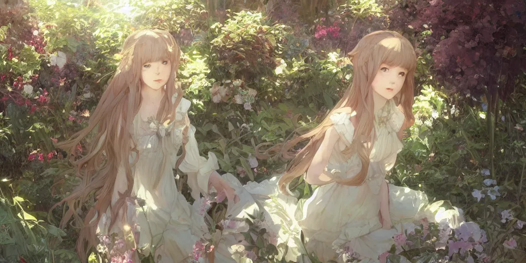 Image similar to a digital art of a loli with long hair in a dress in the privet garden at after noon, by krenz cushart and mucha and akihito yoshida and greg rutkowski and makoto shinkai, detailed eyes, 4 k resolution 、 trending on art station