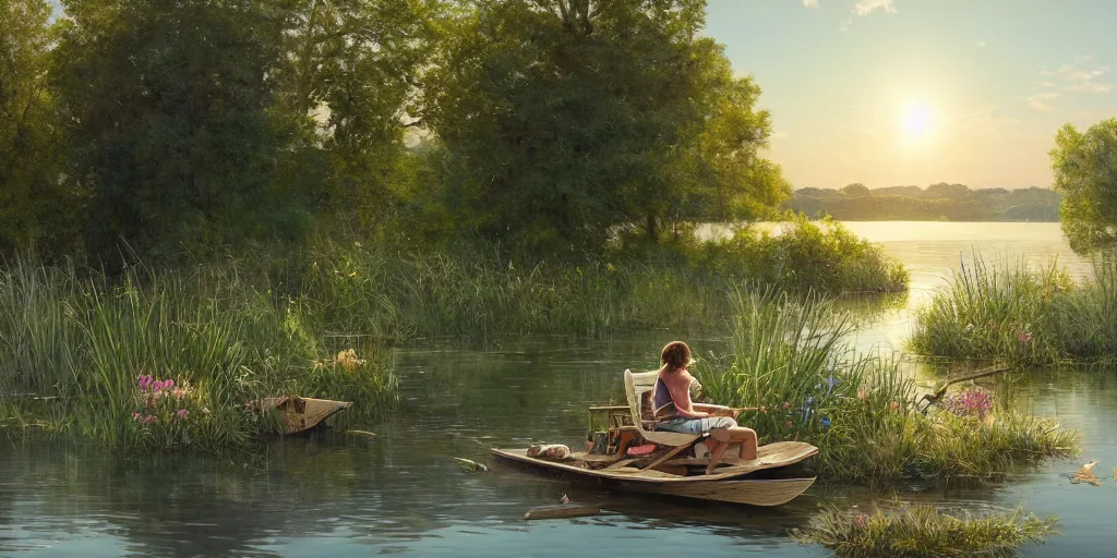 Prompt: a beautiful lake landscape in summer, romantic ambiente, small wooden paddle boat on lake, no people, tall grown reed on riverbank, no mountains, clear sky, sunshine, colorful, by Mohrbacher and Moebius and Alphonse Mucha and Roger Deakins, cinematic lighting, masterpiece, highly detailed, 8k resolution, trending on art station