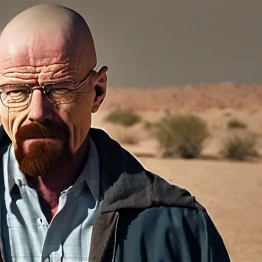 Image similar to walter white in shock with his mouth opened, crying, speechless, desert background, breaking bad