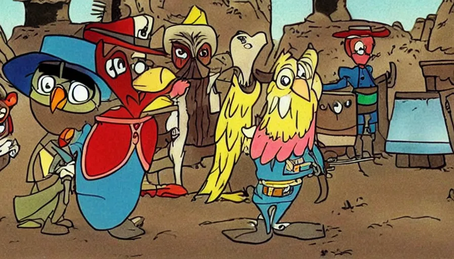 Image similar to 1990s cartoon show screenshot from the animated show an Owl dressed up as the lone ranger in the wild west