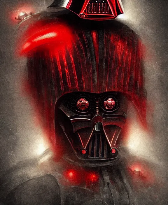 Image similar to a red steampunk darth vader with mechanical tendrils by HR Giger and Beksiński, 4k resolution, detailed, trending on artstation