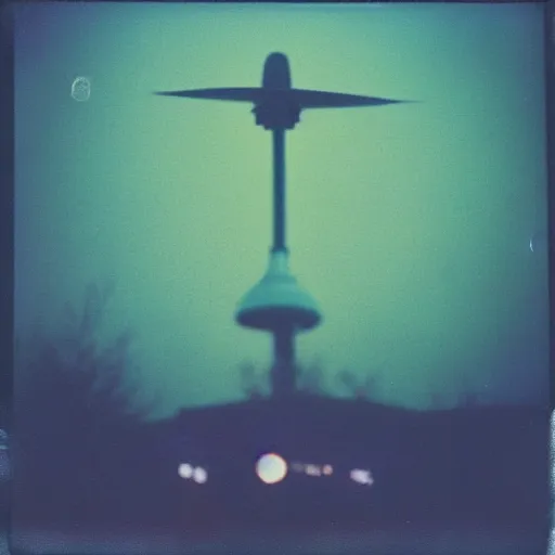 Prompt: a ufo flying at night, blurry photo, historical photo, old polaroid, expired film,