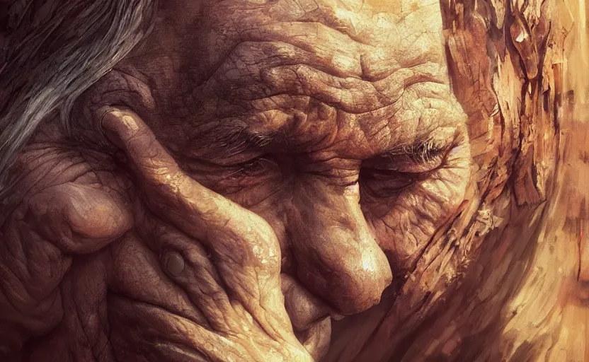 Image similar to an old man's face made of bark and wood in a tree, magical, fantasy art, 8k hdr pixiv dslr photo by Makoto Shinkai ilya kuvshinov and Wojtek Fus, digital art, concept art,