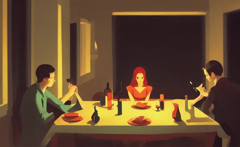 Image similar to a mysterious dimly lit dinner scene illustration by atey ghailan and escher and edward hopper, surreal